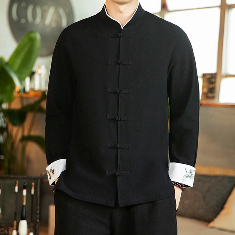 Buddha Stones唐装カエルボタン鶴刺繍長袖コットンメンズシャツ - image 21