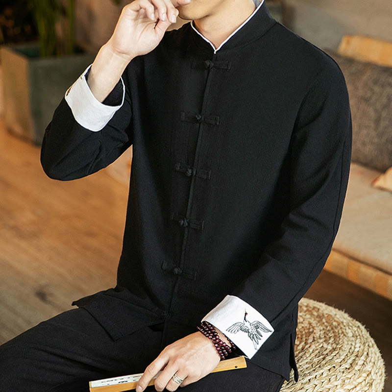 Buddha Stones唐装カエルボタン鶴刺繍長袖コットンメンズシャツ - image 23