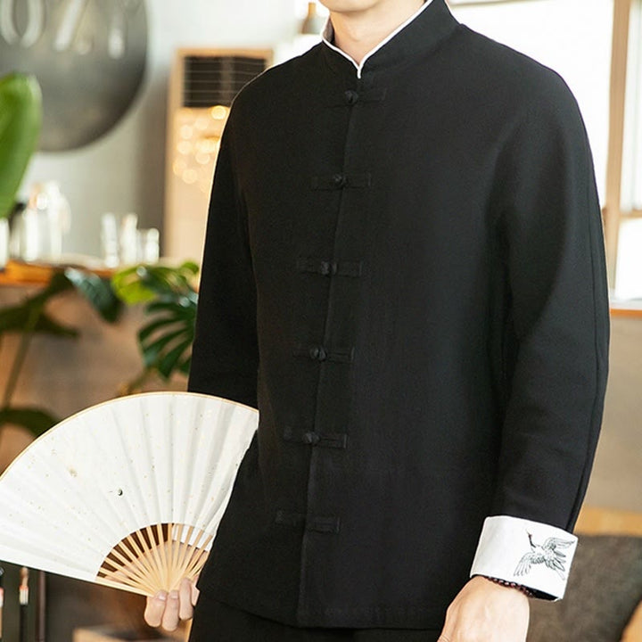 Buddha Stones唐装カエルボタン鶴刺繍長袖コットンメンズシャツ - image 22