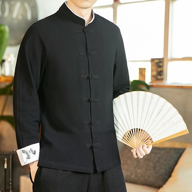 Buddha Stones唐装カエルボタン鶴刺繍長袖コットンメンズシャツ - image 20