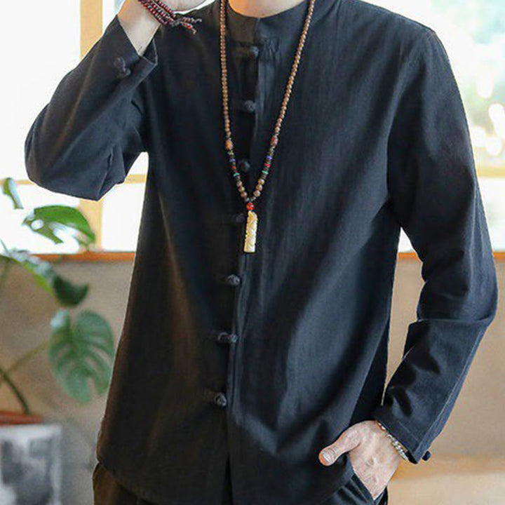 Buddha Stonesカジュアルスタンドカラーカエルボタン長袖唐装メンズシャツ - image 7