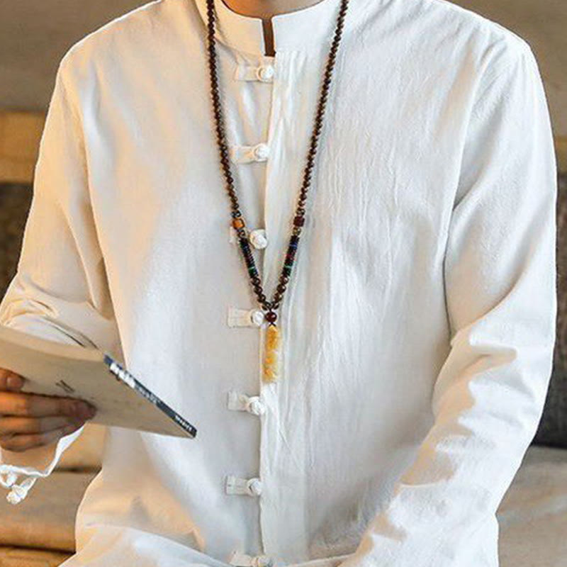 Buddha Stonesカジュアル スタンドカラー フロッグボタン 長袖 タンスーツ リネン メンズシャツ - image 4