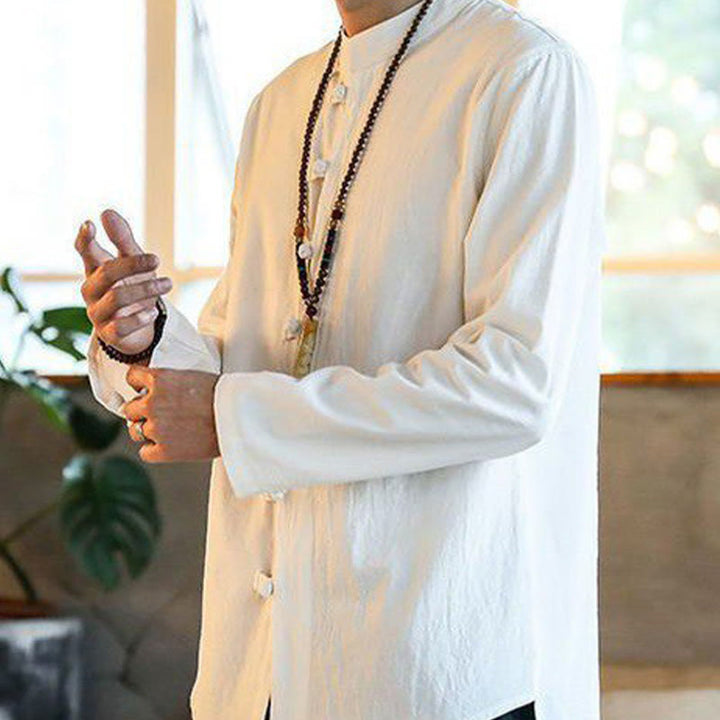 Buddha Stonesカジュアル スタンドカラー フロッグボタン 長袖 タンスーツ リネン メンズシャツ - image 3