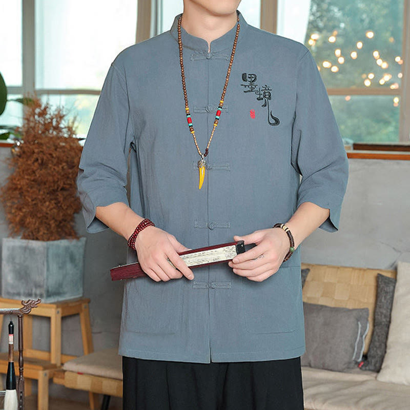 Buddha Stonesカエルボタン 中国唐装 七分袖 コットンリネン メンズシャツ