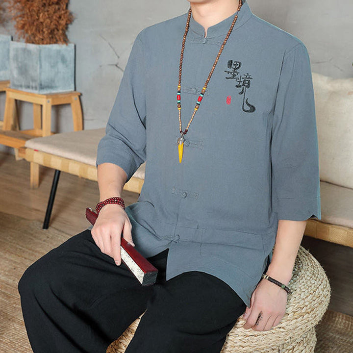 Buddha Stonesカエルボタン 中国唐装 七分袖 コットンリネン メンズシャツ