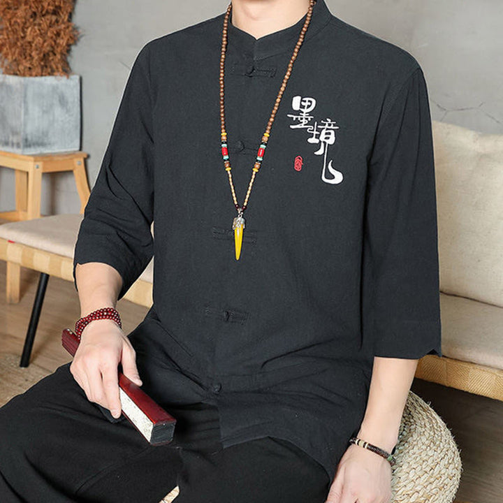 Buddha Stonesカエルボタン 中国唐装 七分袖 コットンリネン メンズシャツ