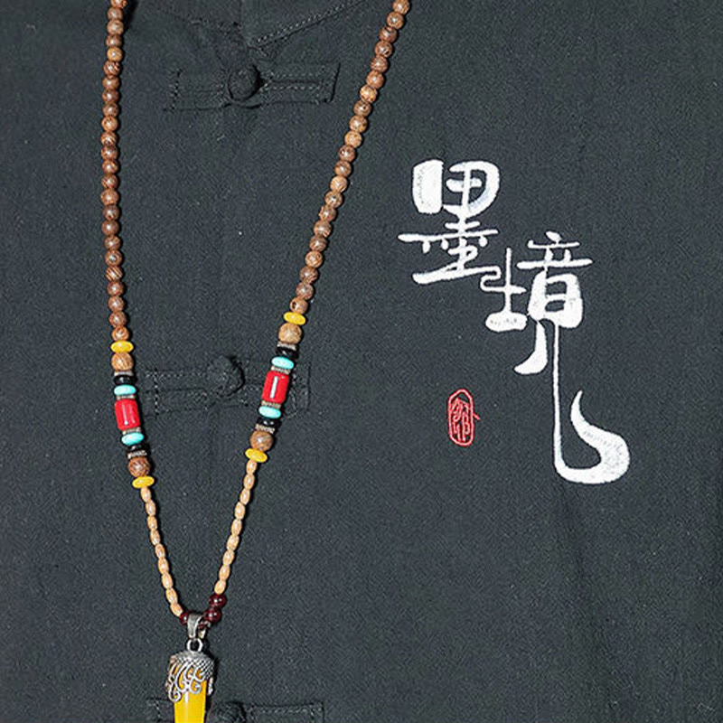 Buddha Stonesカエルボタン 中国唐装 七分袖 コットンリネン メンズシャツ