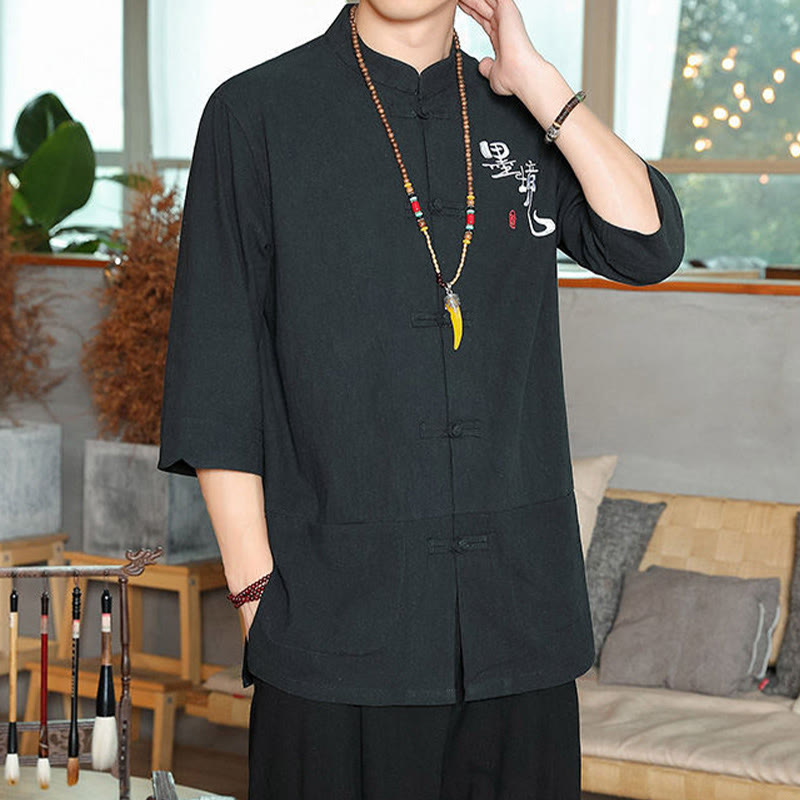 Buddha Stonesカエルボタン 中国唐装 七分袖 コットンリネン メンズシャツ - image 14