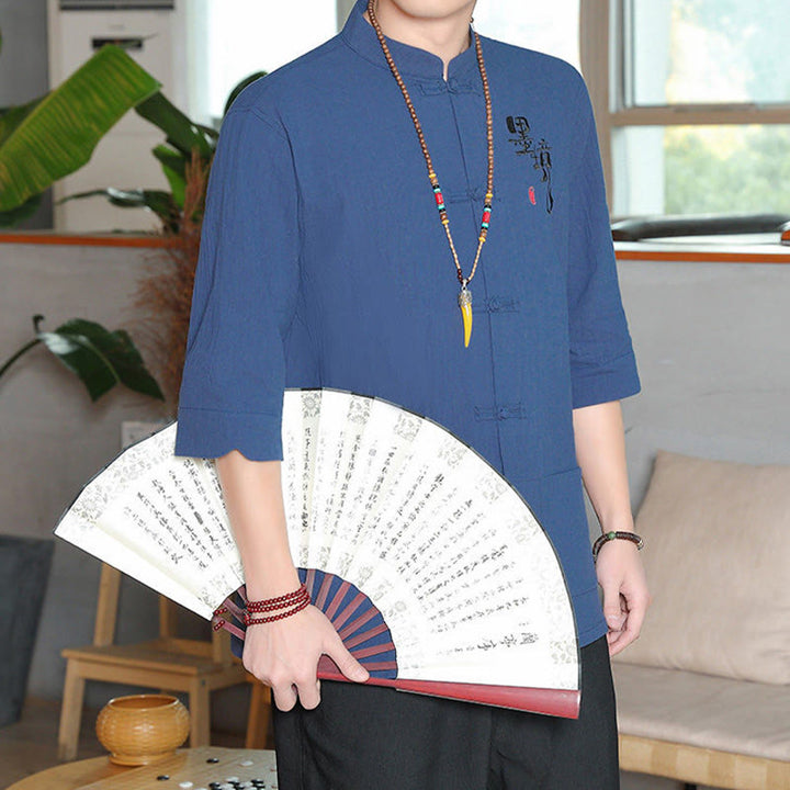 Buddha Stonesカエルボタン 中国唐装 七分袖 コットンリネン メンズシャツ - image 23