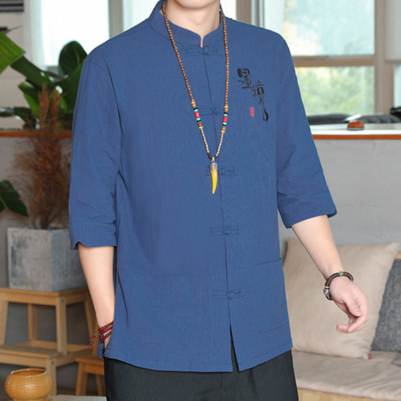 Buddha Stonesカエルボタン 中国唐装 七分袖 コットンリネン メンズシャツ