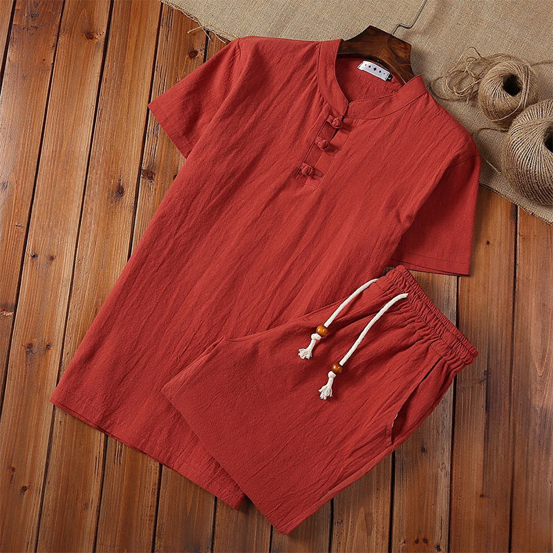 Buddha Stones 2点セット 無地 カエルボタン タンスーツ コットンリネン 半袖パンツ 衣類 メンズセット - 赤 - US/UK/AU46、 EU56 (5XL) - image 13