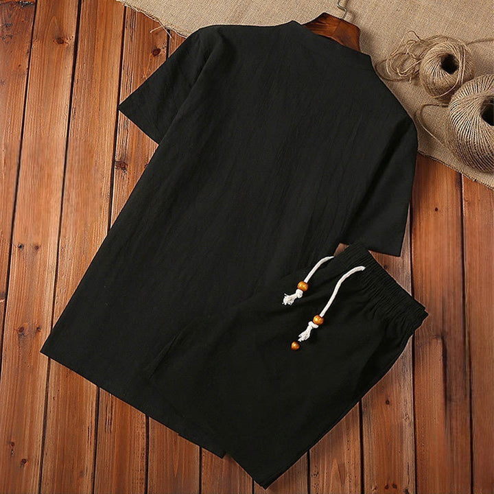 Buddha Stones 2点セット 無地 カエルボタン タンスーツ コットンリネン 半袖パンツ 衣類 メンズセット - image 2