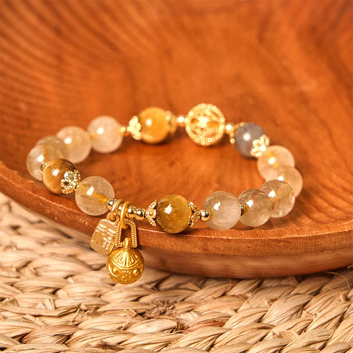 Buddha Stones天然ルチルクォーツ福の字金属呑み込み獣縁起ブレスレット