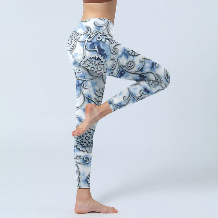 Buddha Stonesホワイト ラウンドフラワープリント エクササイズレギンス レディース ヨガパンツ - image 4