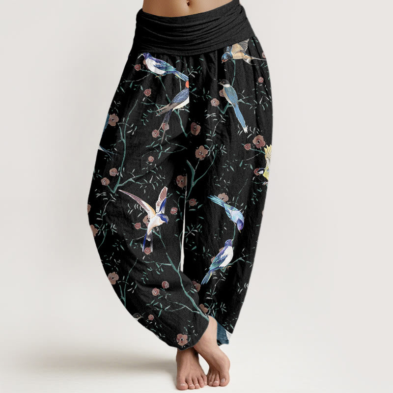 Buddha Stonesカジュアル鳥花葉柄レディース伸縮性ウエストハーレムパンツ - 黒 - US22、 UK/AU26、 EU54 (6XL) - image 1