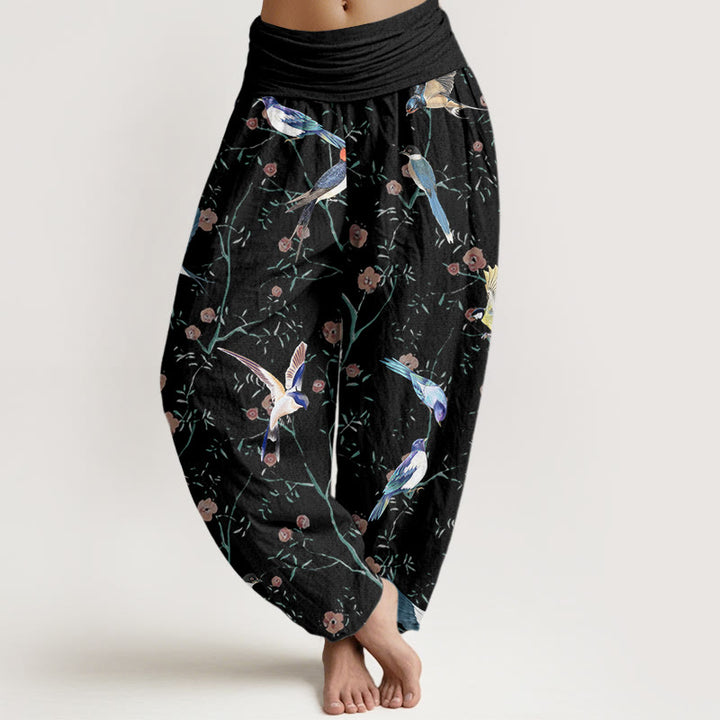 Buddha Stonesカジュアル鳥花葉柄レディース伸縮性ウエストハーレムパンツ - 黒 - US22、 UK/AU26、 EU54 (6XL) - image 1