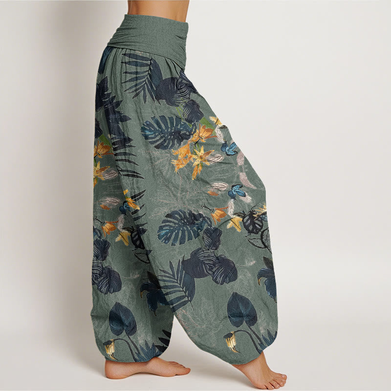 Buddha Stones、黄色の花、緑の葉のデザイン、レディース 伸縮性ウエスト ハーレムパンツ - image 3