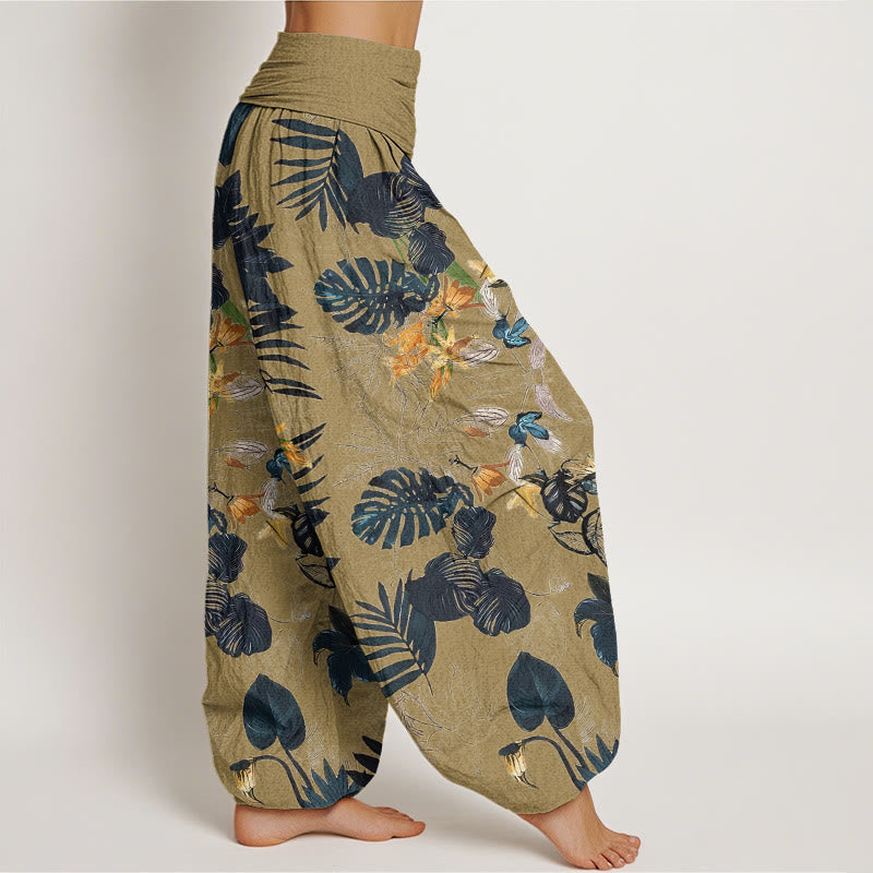 Buddha Stones、黄色の花、緑の葉のデザイン、レディース 伸縮性ウエスト ハーレムパンツ - image 7