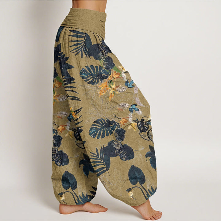Buddha Stones、黄色の花、緑の葉のデザイン、レディース 伸縮性ウエスト ハーレムパンツ - image 7