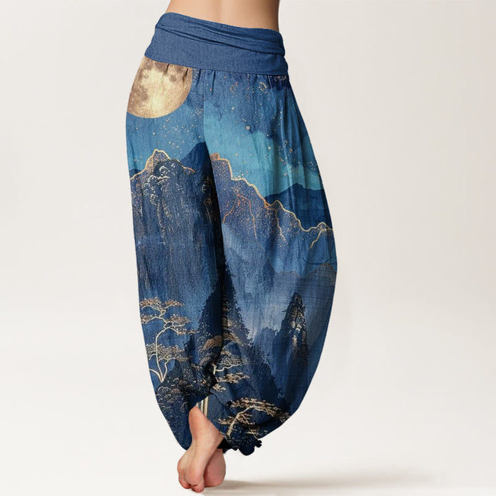 Buddha Stones、カジュアル、満月、山、木、川柄、レディース、伸縮性ウエスト、ハーレムパンツ - image 3