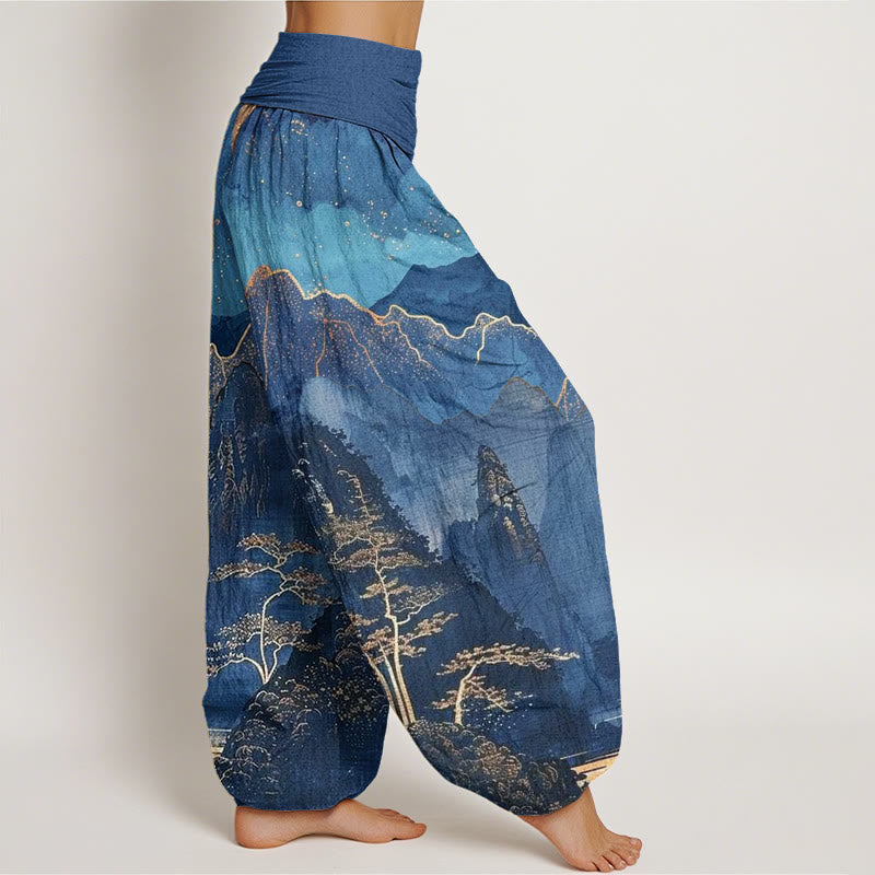 Buddha Stones、カジュアル、満月、山、木、川柄、レディース、伸縮性ウエスト、ハーレムパンツ - image 2
