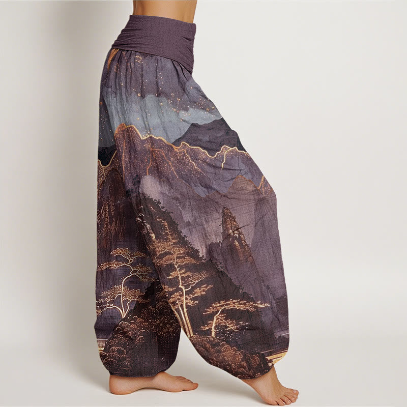 Buddha Stones、カジュアル、満月、山、木、川柄、レディース、伸縮性ウエスト、ハーレムパンツ - image 6