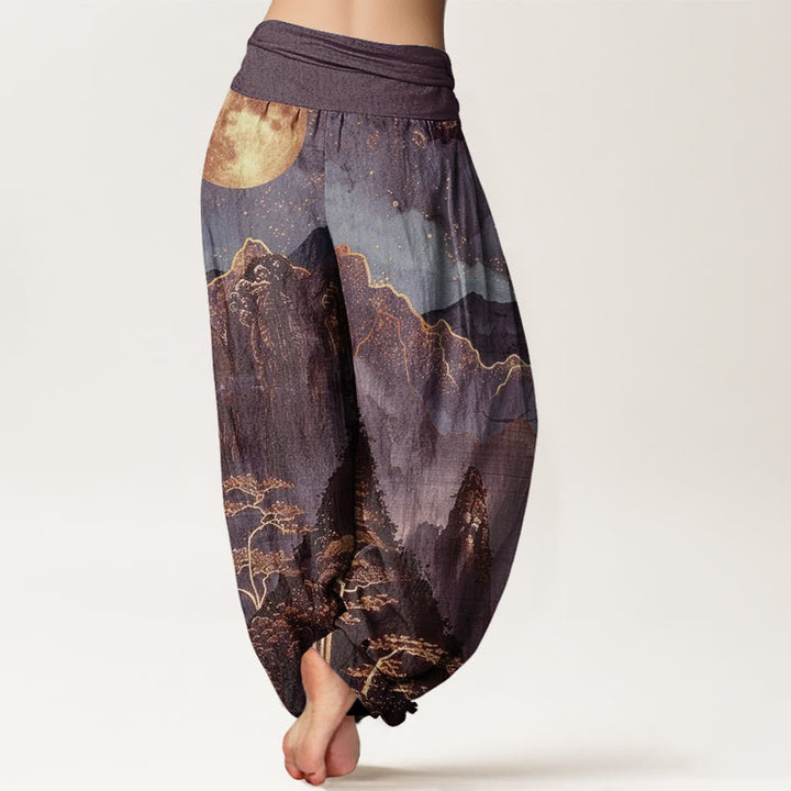 Buddha Stones、カジュアル、満月、山、木、川柄、レディース、伸縮性ウエスト、ハーレムパンツ - image 7