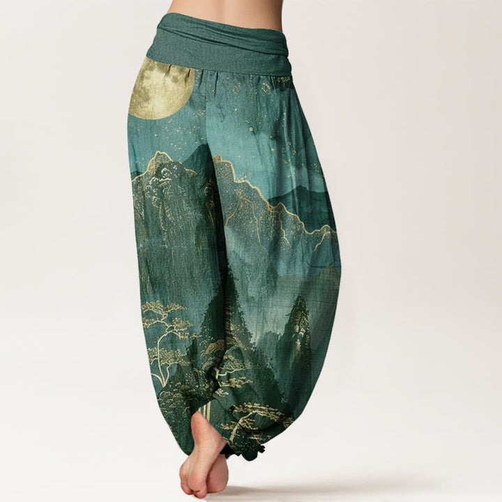 Buddha Stones、カジュアル、満月、山、木、川柄、レディース、伸縮性ウエスト、ハーレムパンツ - image 10