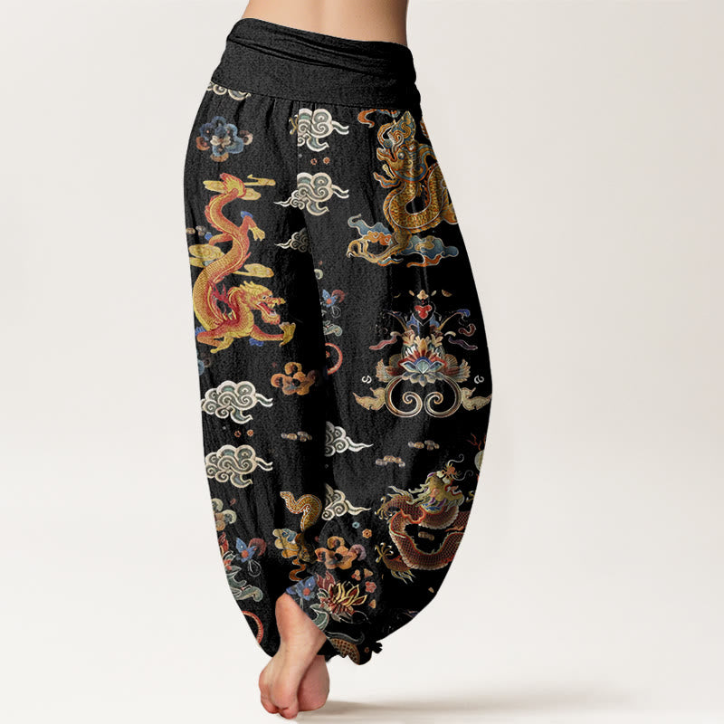 Buddha Stones、金龍、吉兆の雲模様、レディース ウエストゴム ハーレムパンツ - image 3
