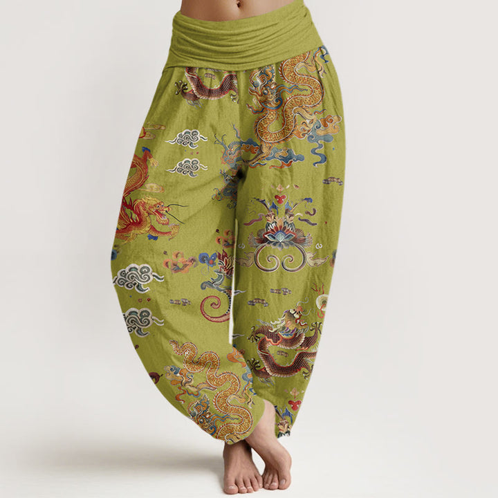 Buddha Stones、金龍、吉兆の雲模様、レディース ウエストゴム ハーレムパンツ - 黄緑 - US22、 UK/AU26、 EU54 (6XL) - image 8