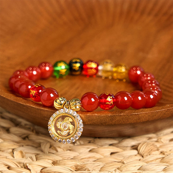 Buddha Stones赤瑪瑙オーム・マニ・パドメ・フム五方位 富の神 ジルコン サイクロンチャーム 自己受容ブレスレット