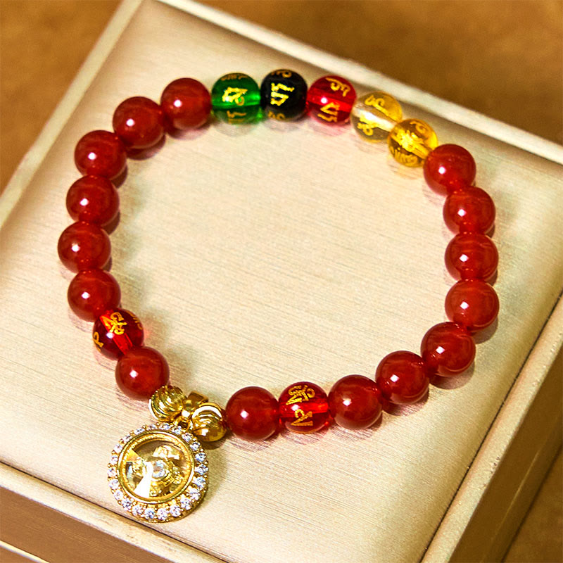 Buddha Stones赤瑪瑙オーム・マニ・パドメ・フム五方位 富の神 ジルコン サイクロンチャーム 自己受容ブレスレット