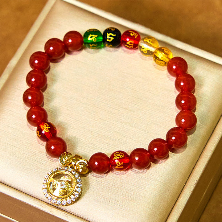 Buddha Stones赤瑪瑙オーム・マニ・パドメ・フム五方位 富の神 ジルコン サイクロンチャーム 自己受容ブレスレット