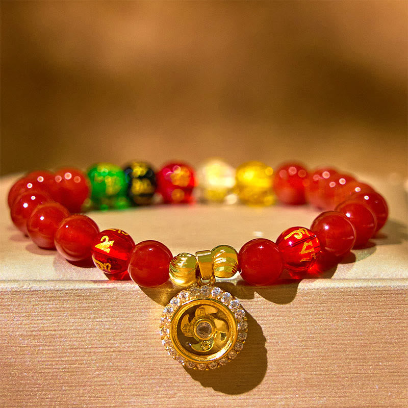 Buddha Stones赤瑪瑙オーム・マニ・パドメ・フム五方位 富の神 ジルコン サイクロンチャーム 自己受容ブレスレット