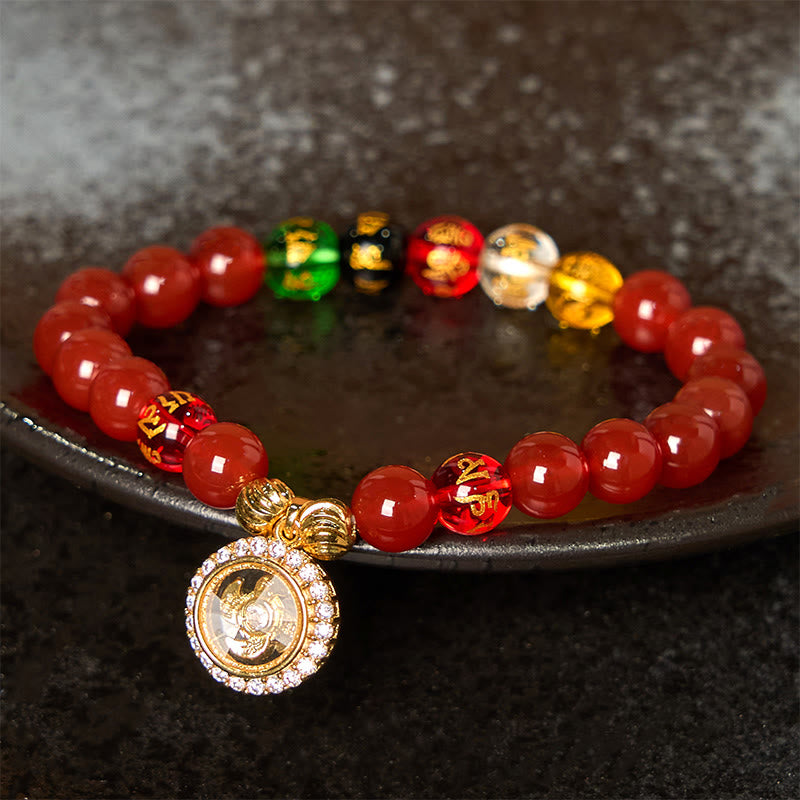 Buddha Stones赤瑪瑙オーム・マニ・パドメ・フム五方位 富の神 ジルコン サイクロンチャーム 自己受容ブレスレット