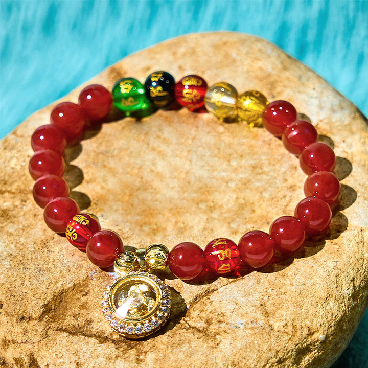 Buddha Stones赤瑪瑙オーム・マニ・パドメ・フム五方位 富の神 ジルコン サイクロンチャーム 自己受容ブレスレット