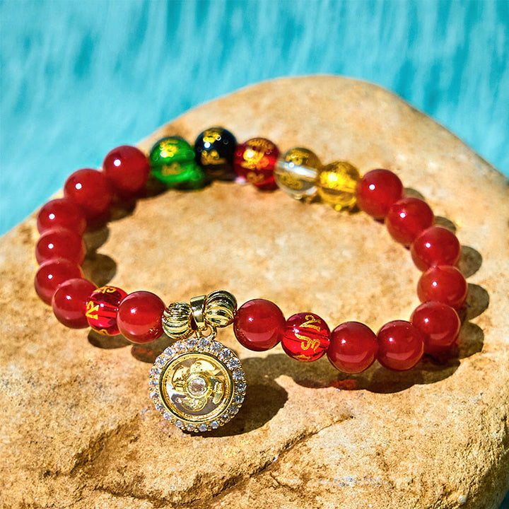 Buddha Stones赤瑪瑙オーム・マニ・パドメ・フム五方位 富の神 ジルコン サイクロンチャーム 自己受容ブレスレット