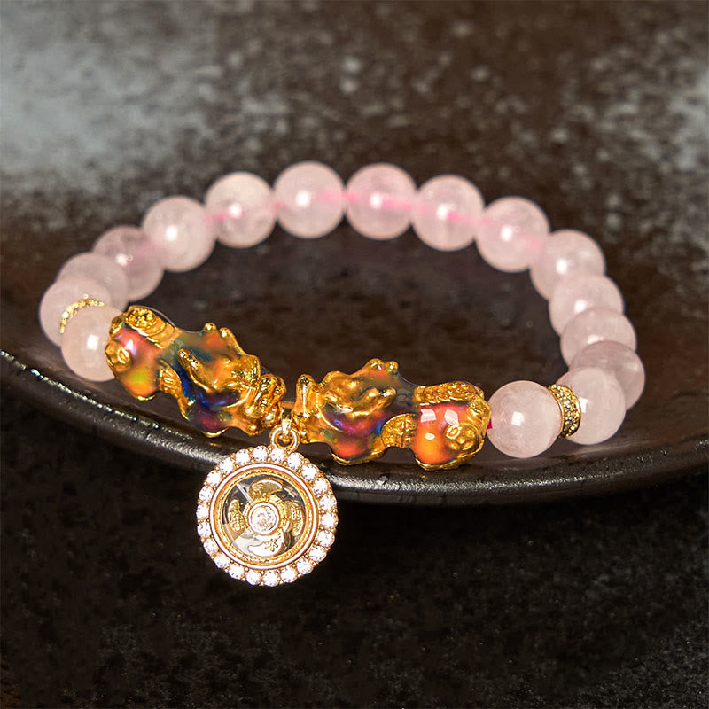 Buddha Stonesピンククリスタル カラーチェンジ ダブル貔貅 サイクロンチャーム 温もりブレスレット