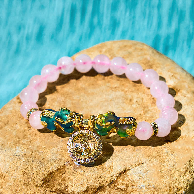 Buddha Stonesピンククリスタル カラーチェンジ ダブル貔貅 サイクロンチャーム 温もりブレスレット