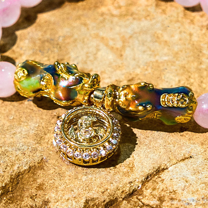 Buddha Stonesピンククリスタル カラーチェンジ ダブル貔貅 サイクロンチャーム 温もりブレスレット