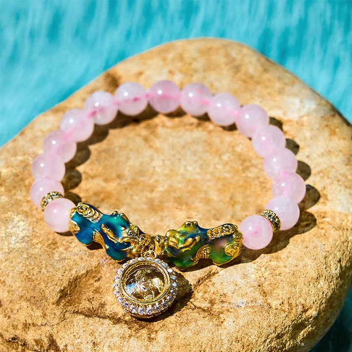 Buddha Stonesピンククリスタル カラーチェンジ ダブル貔貅 サイクロンチャーム 温もりブレスレット