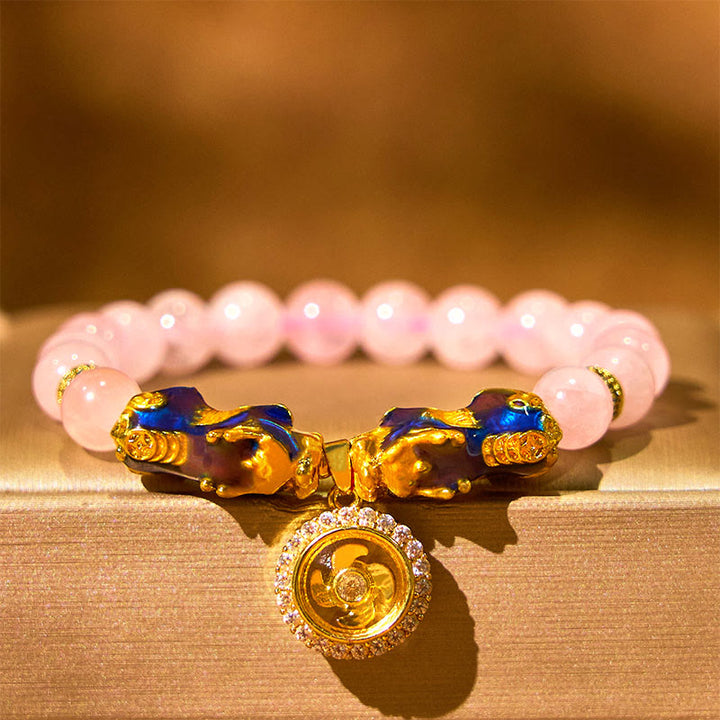 Buddha Stonesピンククリスタル カラーチェンジ ダブル貔貅 サイクロンチャーム 温もりブレスレット