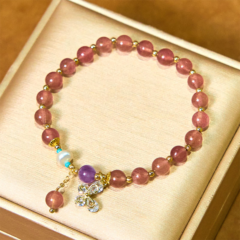 Buddha Stones天然ストロベリークォーツ グリーンストロベリークォーツ バタフライチャーム ラブブレスレット