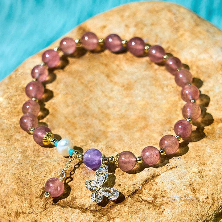 Buddha Stones天然ストロベリークォーツ グリーンストロベリークォーツ バタフライチャーム ラブブレスレット