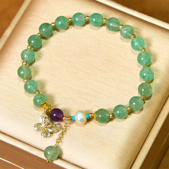 Buddha Stones天然ストロベリークォーツ グリーンストロベリークォーツ バタフライチャーム ラブブレスレット