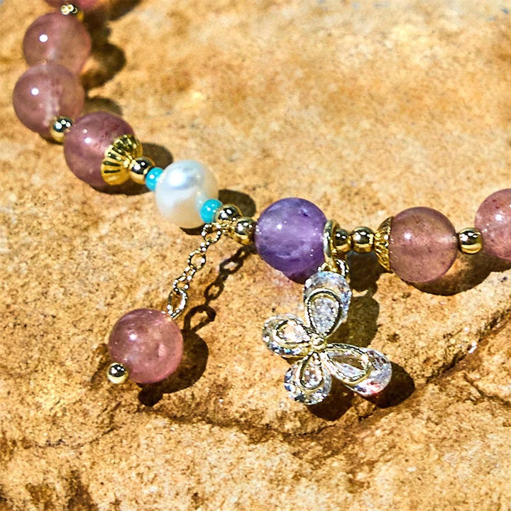 Buddha Stones天然ストロベリークォーツ グリーンストロベリークォーツ バタフライチャーム ラブブレスレット