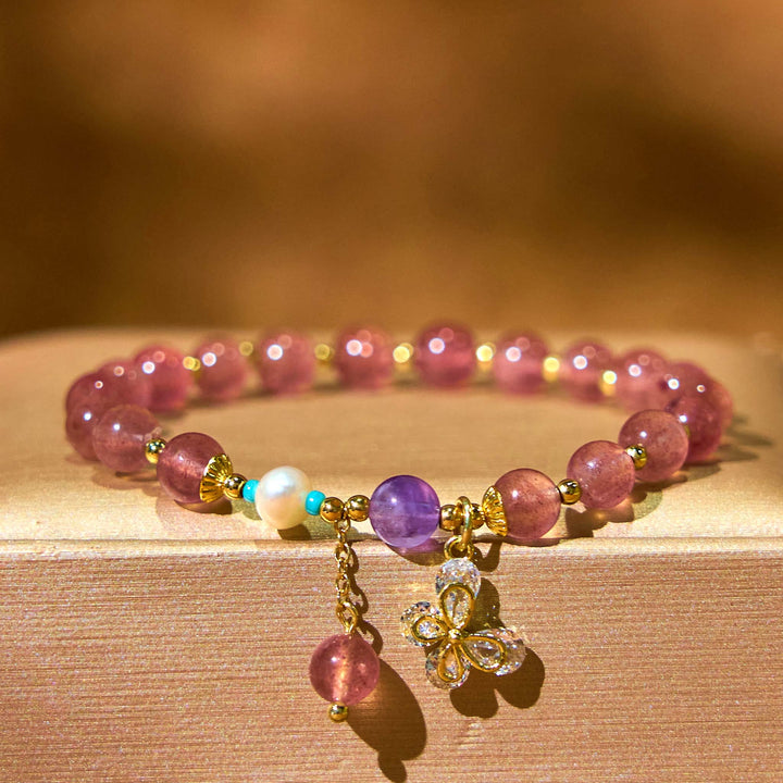 Buddha Stones天然ストロベリークォーツ グリーンストロベリークォーツ バタフライチャーム ラブブレスレット