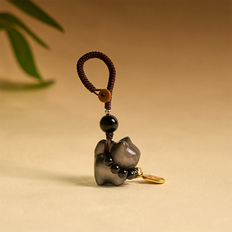 Buddha Stones銀色光沢黒曜石 黒曜石 金色光沢黒曜石 かわいい猫のフーキャラクター保護キーチェーン 携帯電話吊り下げ装飾 - シルバーシーンオブシディアンキーチェーン - image 1