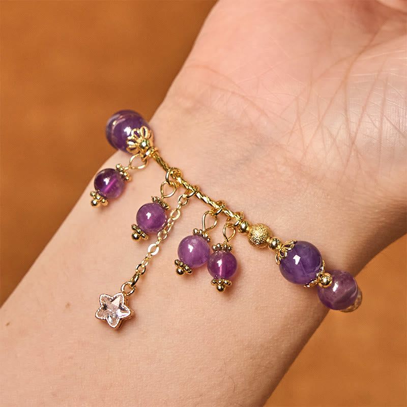 Buddha Stones天然アメジスト四つ葉のクローバー星平和ブレスレット