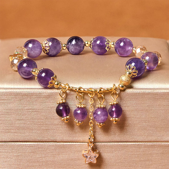 Buddha Stones天然アメジスト四つ葉のクローバー星平和ブレスレット